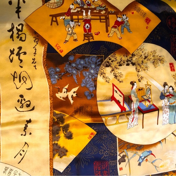 Vintage Chinese Japanese Silk Wrap Scarf Shawl - 40” Gold Blue Red Cream Brown - Picture 6 of 9